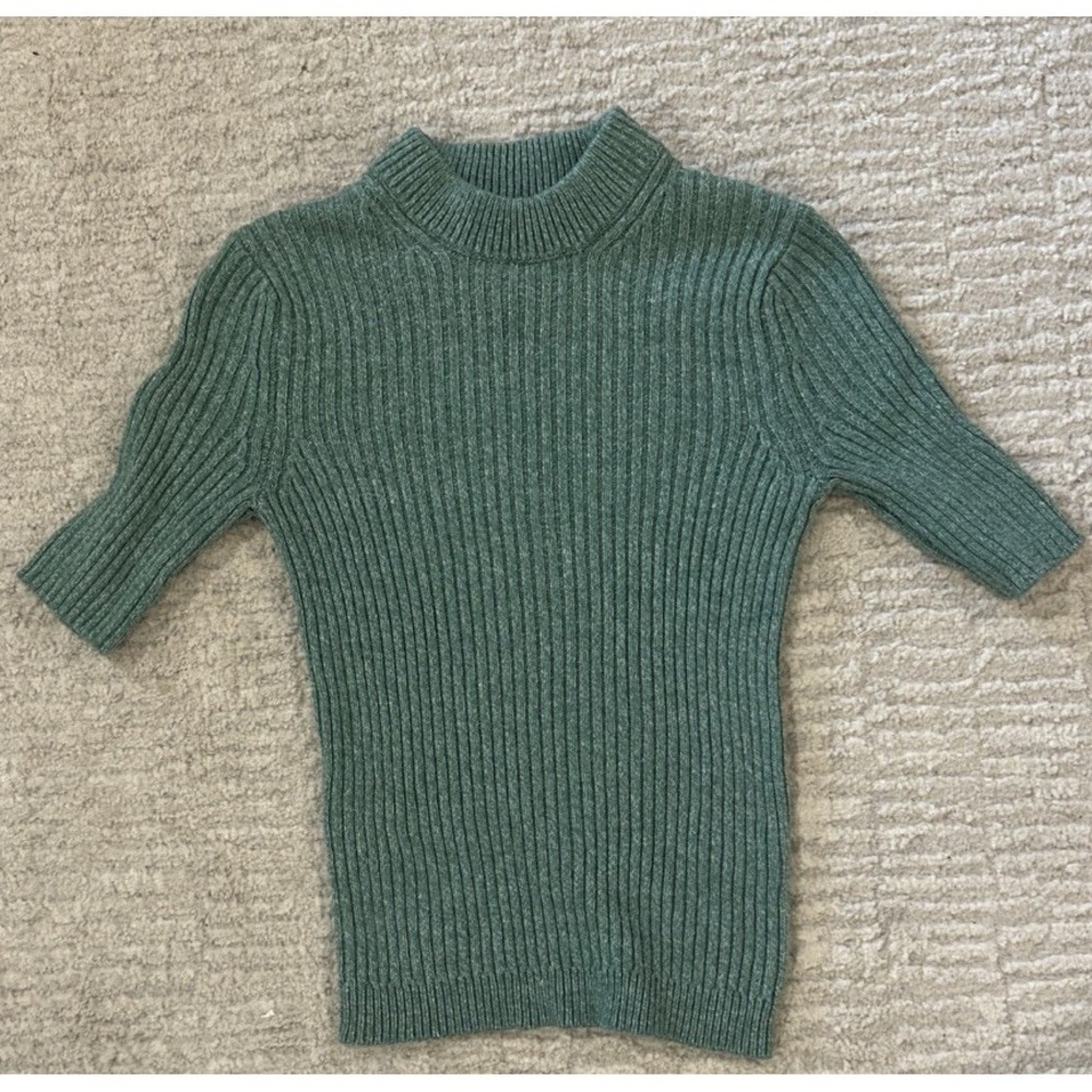 Who What Wear Sweater XS Green Ribbed‎ Knit Mock Neck Short Sleeve Top Minimal